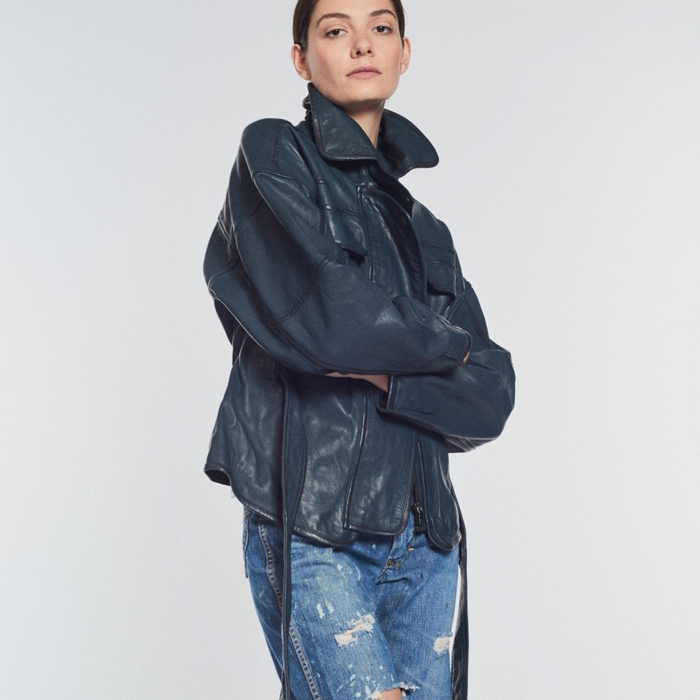 Marissa Webb Kayla Navy Lambskin Leather Anorak Jacket Size S worn 2x